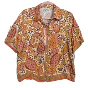 Rachel Zoe Paisley Print Rayon Blouse size Medium Orange Purple Gold Buttons